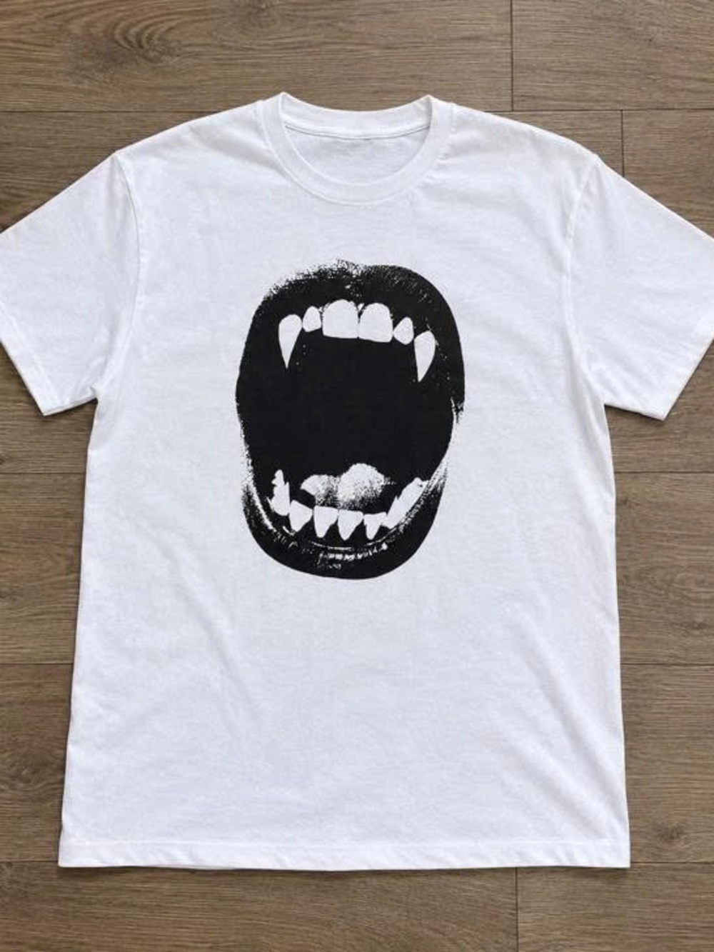 White Graphic Tee with Black Open-Mouth Print